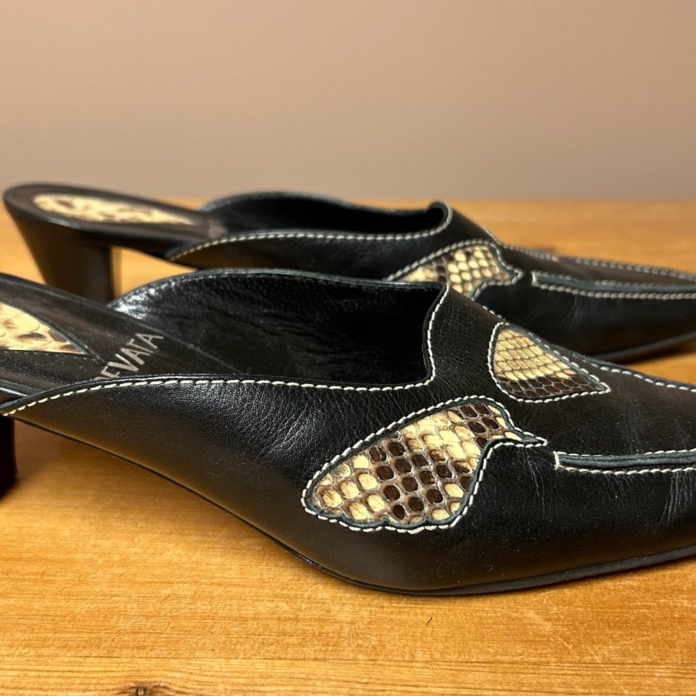 Prevata Black Calf & Python Imprint Mules - Size … - image 2